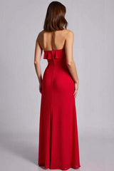 Red Wedding Guest Dress Ruffled Strapless A Line Chiffon Long Evening Dress