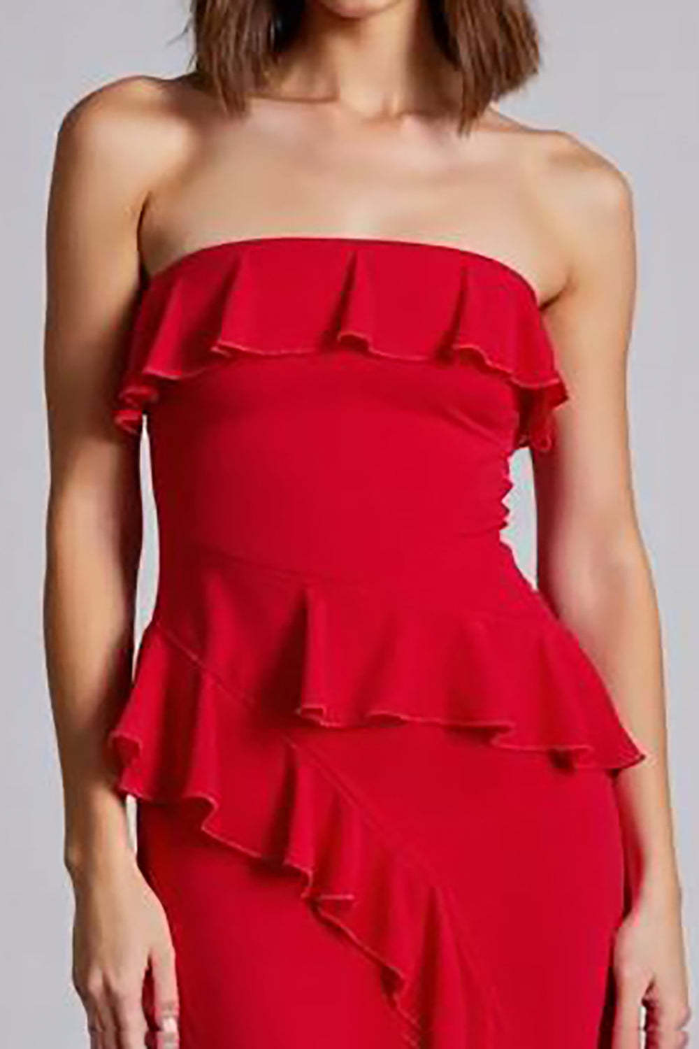 Red Wedding Guest Dress Ruffled Strapless A Line Chiffon Long Evening Dress