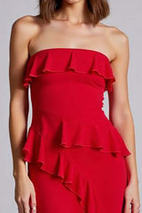 Red Wedding Guest Dress Ruffled Strapless A Line Chiffon Long Evening Dress