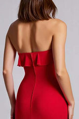 Red Wedding Guest Dress Ruffled Strapless A Line Chiffon Long Evening Dress