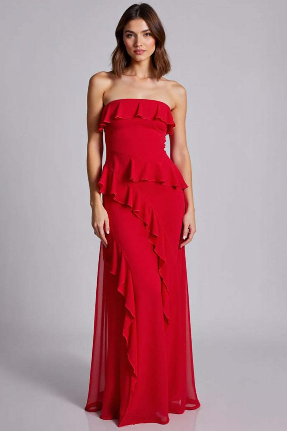 Red Wedding Guest Dress Ruffled Strapless A Line Chiffon Long Evening Dress