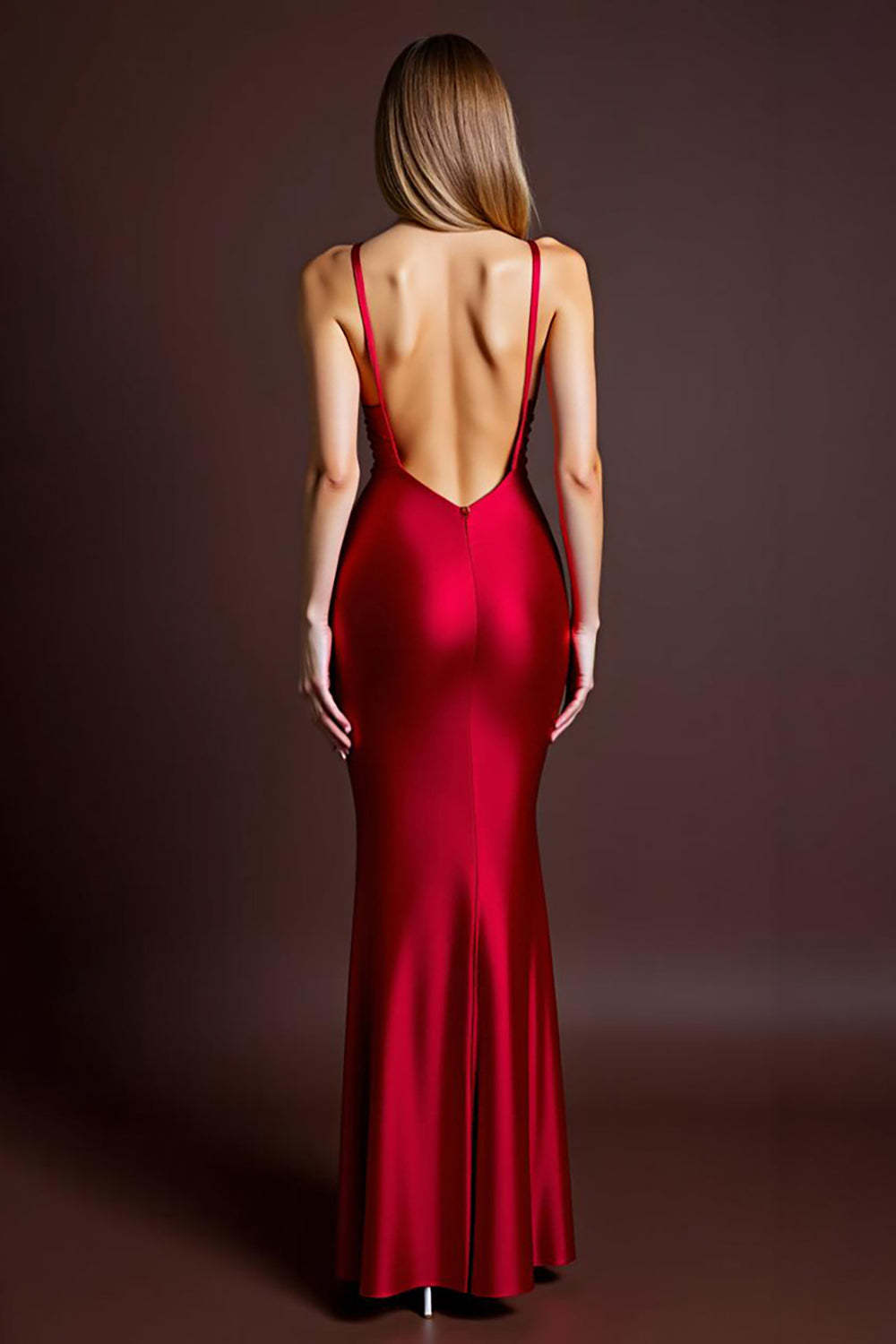 Red Wedding Guest Dress Satin Spaghetti Straps Sheath Long Evening Dress With Slit