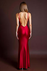 Red Wedding Guest Dress Satin Spaghetti Straps Sheath Long Evening Dress With Slit