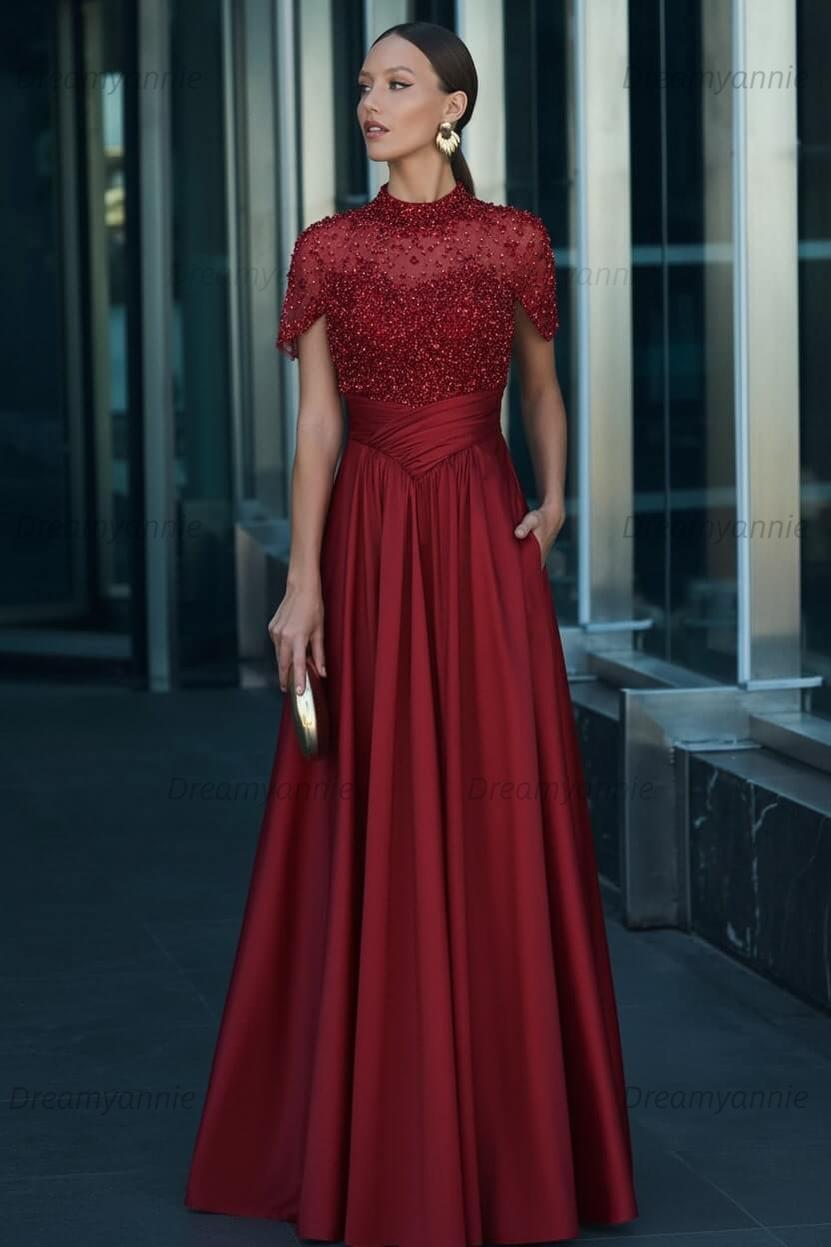 Green A Line Prom Dress Short Sleeve High Neck Beaded Evening Dress