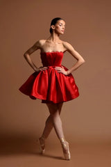 Red Strapless Graduation Dress A Line Satin Short Cocktail Dresses with Bowknot