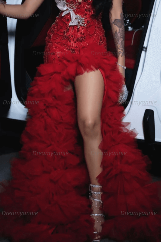 Red Tulle Prom Dress Ruffled Sequined V Neck Formal Evening Gown with 3D Flowers