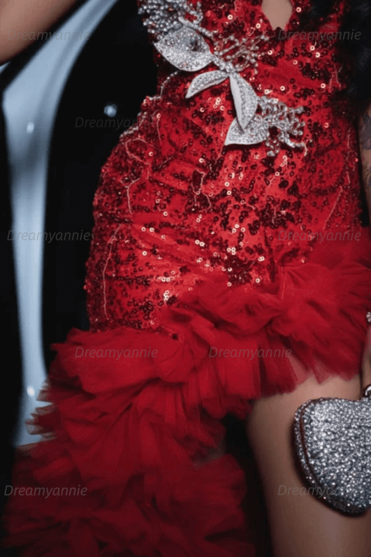 Red Tulle Prom Dress Ruffled Sequined V Neck Formal Evening Gown with 3D Flowers
