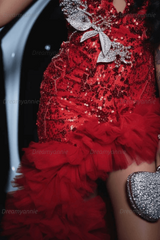 Red Tulle Prom Dress Ruffled Sequined V Neck Formal Evening Gown with 3D Flowers