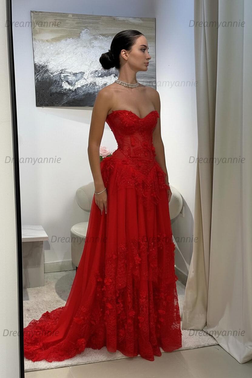 Yellow Lace A Line Prom Dress Sweetheart Lace Appliqued Formal Evening Dress with 3D Flowers