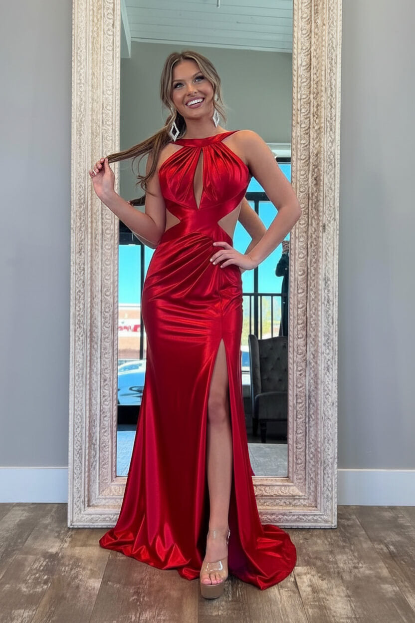 Stylish Fuchsia Metallic Mermaid Prom Dress With Slit And Open Back Formal Evening Gown