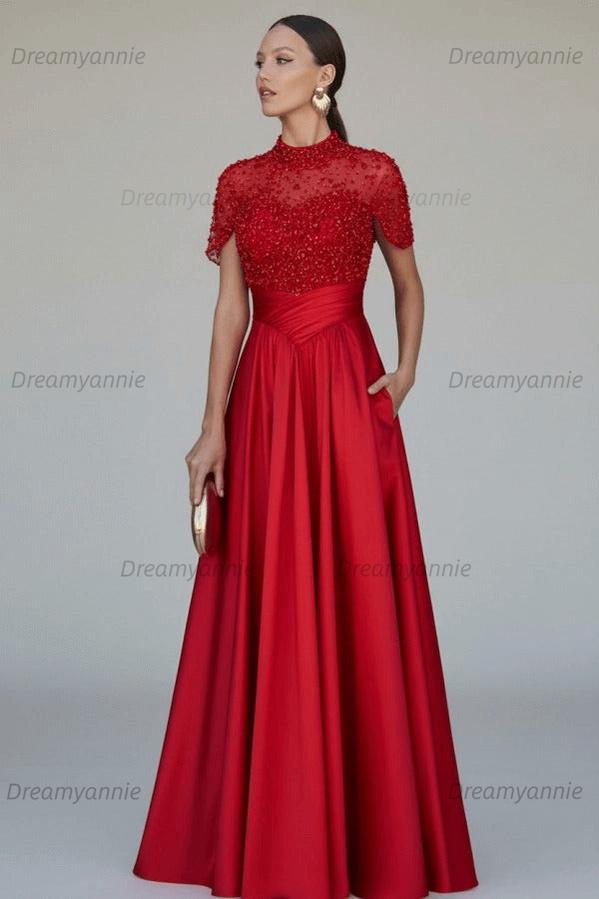Green A Line Prom Dress Short Sleeve High Neck Beaded Evening Dress