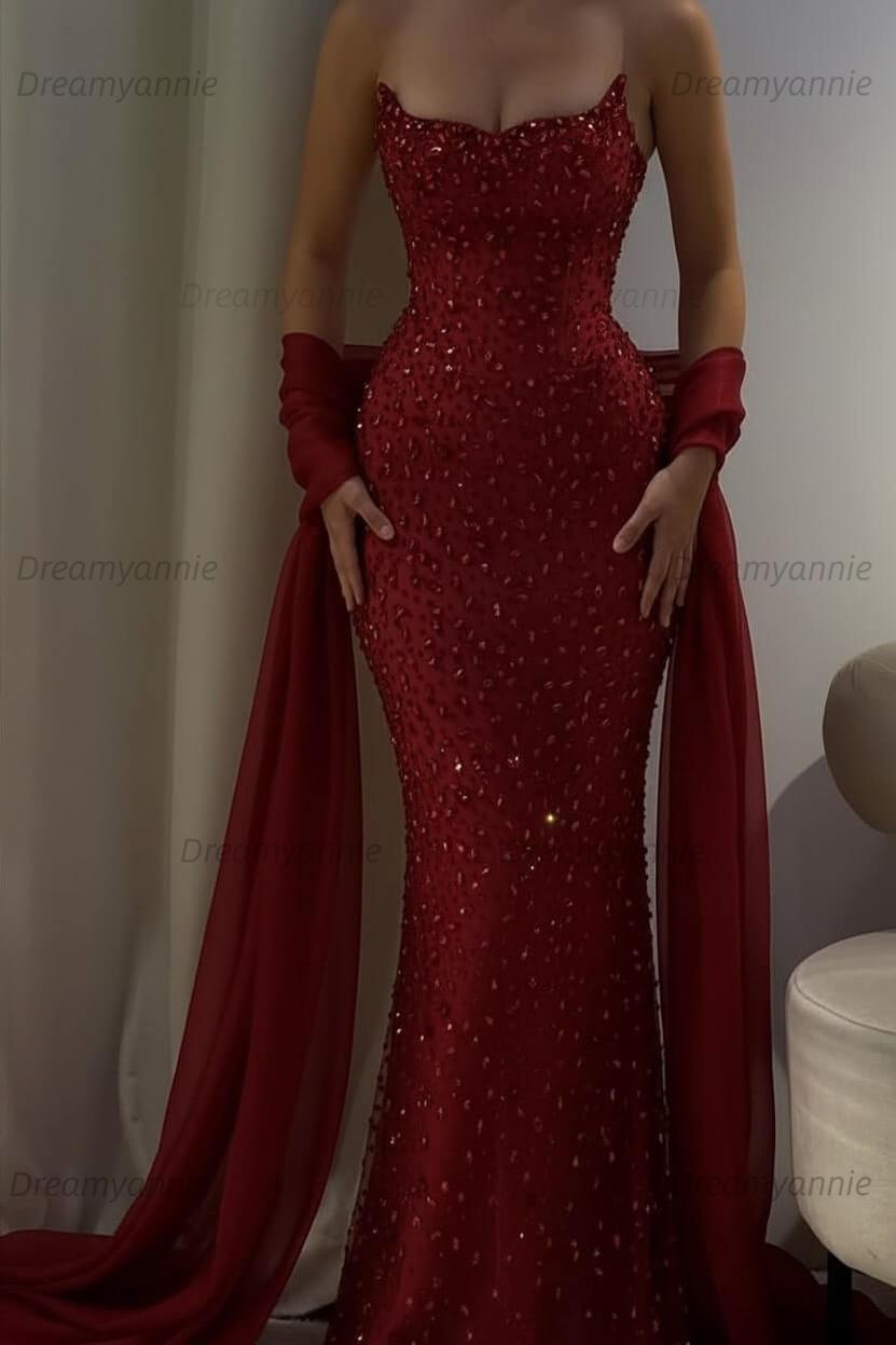 Pink Mermaid Prom Dress Strapless Beaded Evening Dress
