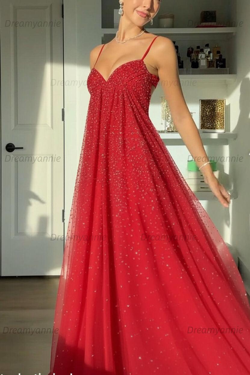 Bling A Line Spaghetti Straps Grey Blue Long Party Dress With Beading Formal Evening Gown