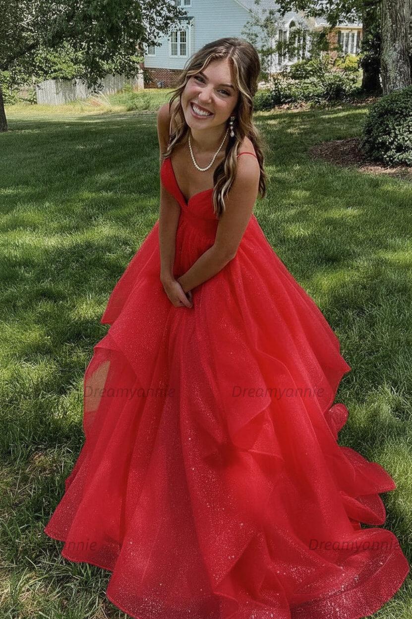 Pink Prom Dress V Neck Tulle Long Formal Evening Dress