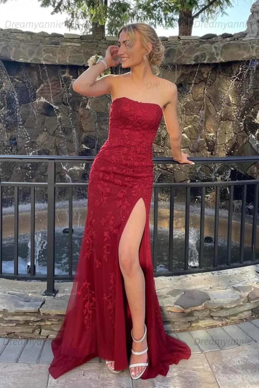 Pink Prom Dress Strapless Lace Long Evening Dress with Slit