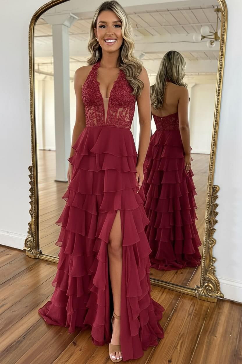 Dreamyannie Sky Blue Prom Dress Ruffled Halter Corset Evening Dress With Slit