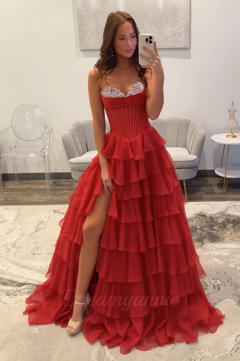 Dreamyannie Ruffled Black Prom Dress A Line Corset Long Formal Dress With Beadings