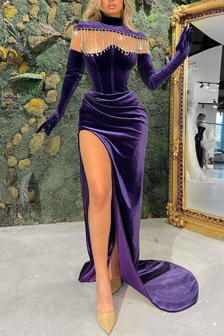 Regency Long Sleeve Velvet Evening Dress High Neck Christmas Party Dress with Slit