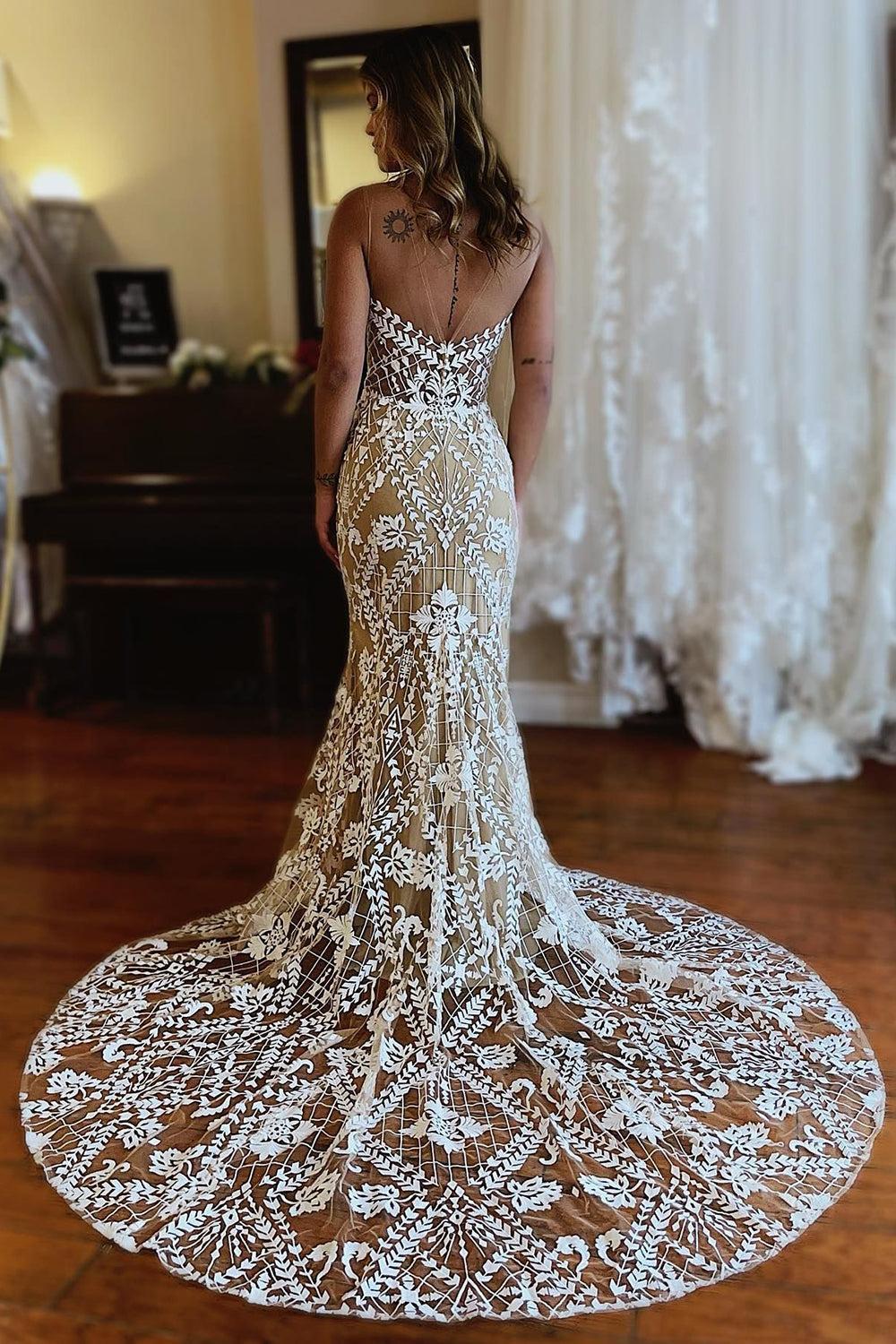 Romantic Champagne Illusion Boat Neck Mermaid Lace Beach Wedding Dress