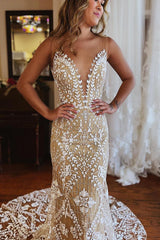 Romantic Champagne Illusion Boat Neck Mermaid Lace Beach Wedding Dress