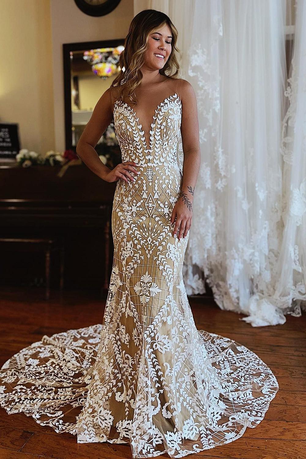Romantic Champagne Illusion Boat Neck Mermaid Lace Beach Wedding Dress