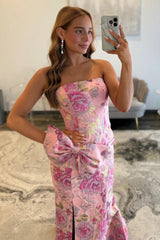 Romantic Floral Strapless Mermaid Prom Dress With Bow Detail And High Slit Formal Evening Gown