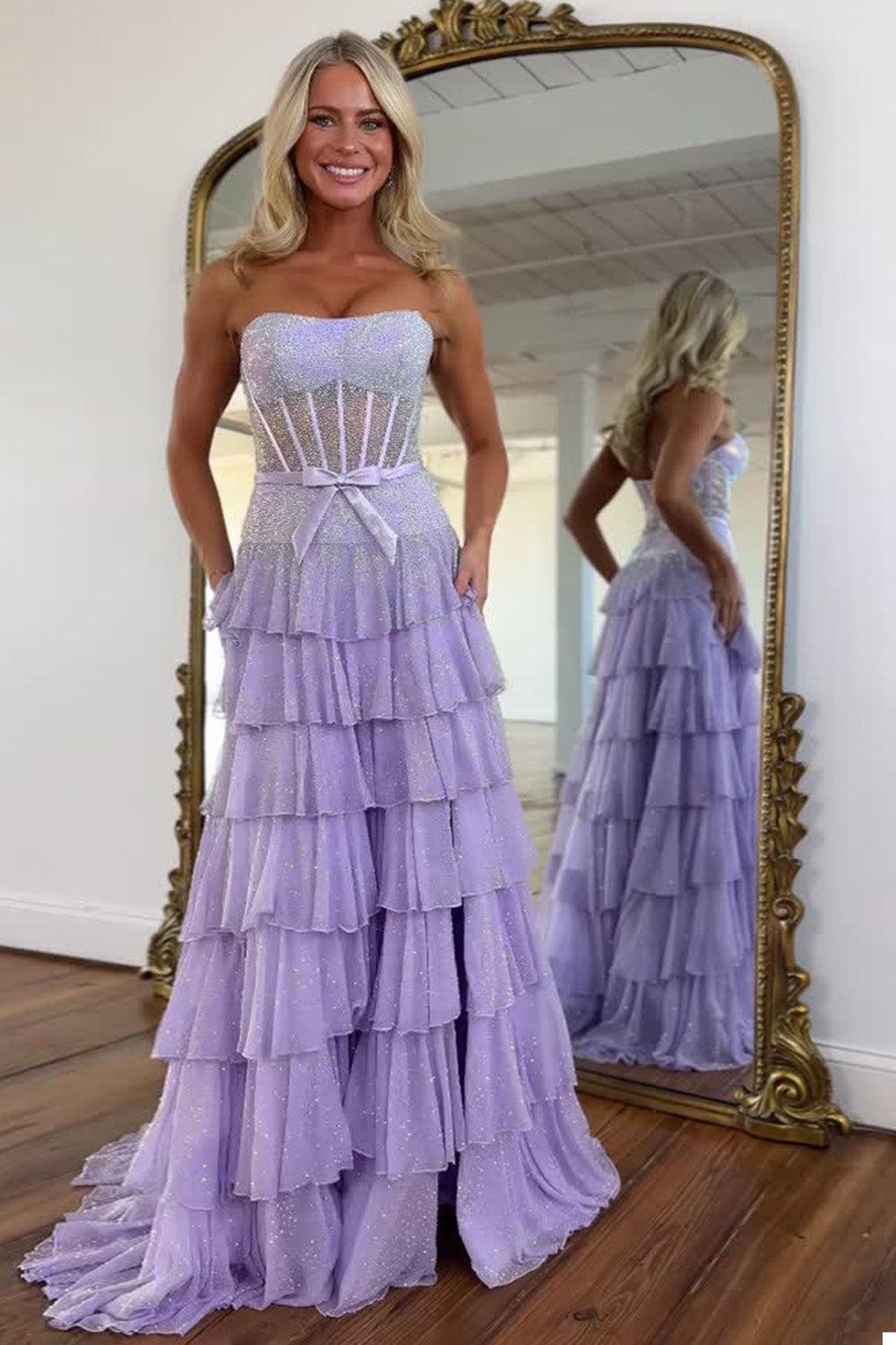 Romantic Lilac Ruffle Tiered Beaded Prom Dress With Corset Bodice Formal Evening Gown
