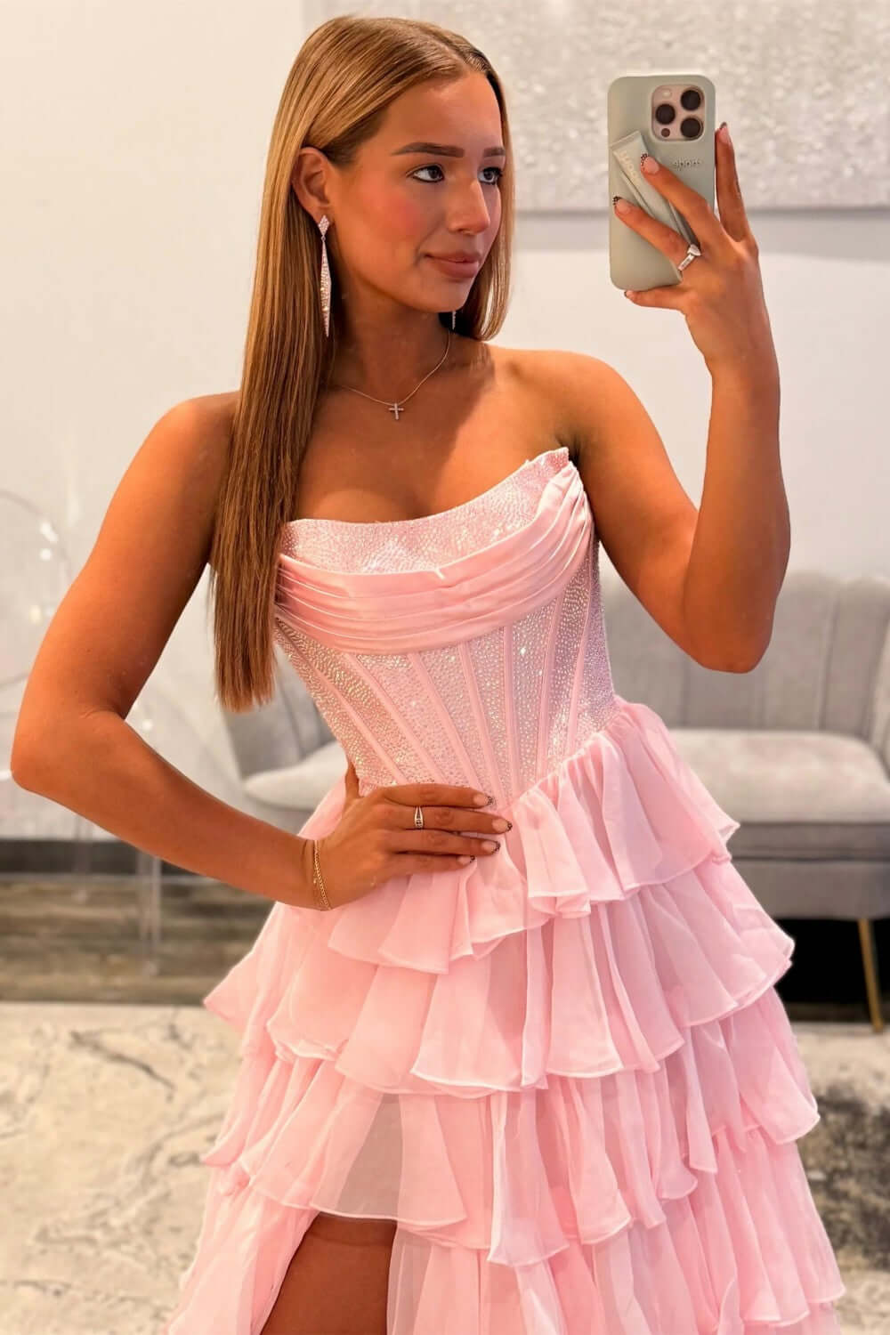 Dreamyannie A Line Tiered Prom Dress Strapless Corset Long Chiffon Formal Dress With Slit