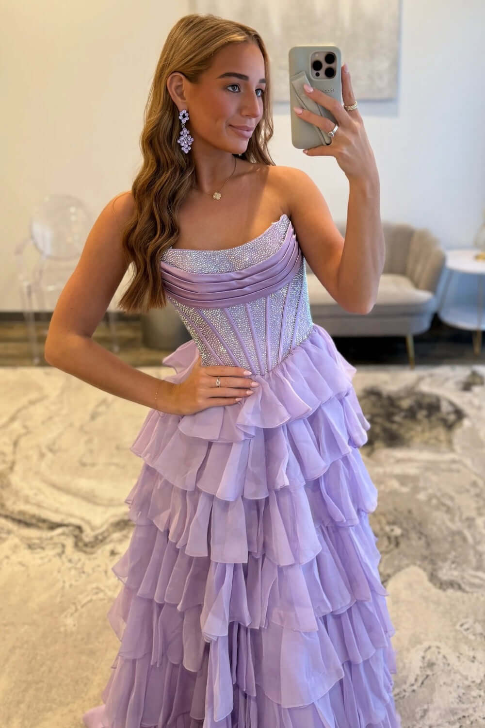 Dreamyannie A Line Tiered Prom Dress Strapless Corset Long Chiffon Formal Dress With Slit