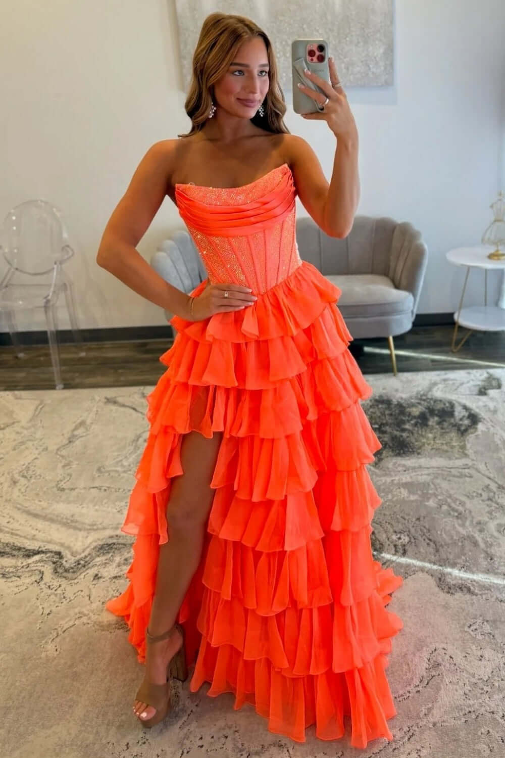 Dreamyannie A Line Tiered Prom Dress Strapless Corset Long Chiffon Formal Dress With Slit
