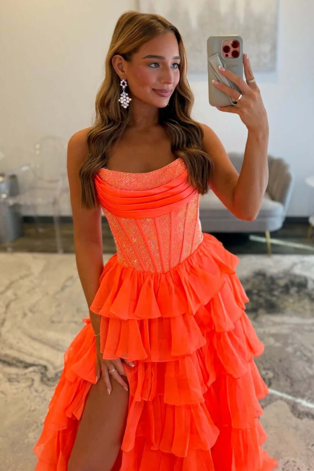 Dreamyannie A Line Tiered Prom Dress Strapless Corset Long Chiffon Formal Dress With Slit