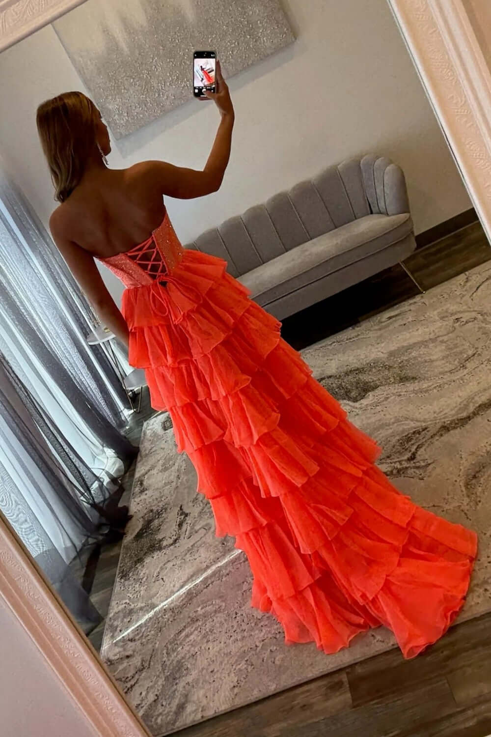 Dreamyannie A Line Tiered Prom Dress Strapless Corset Long Chiffon Formal Dress With Slit