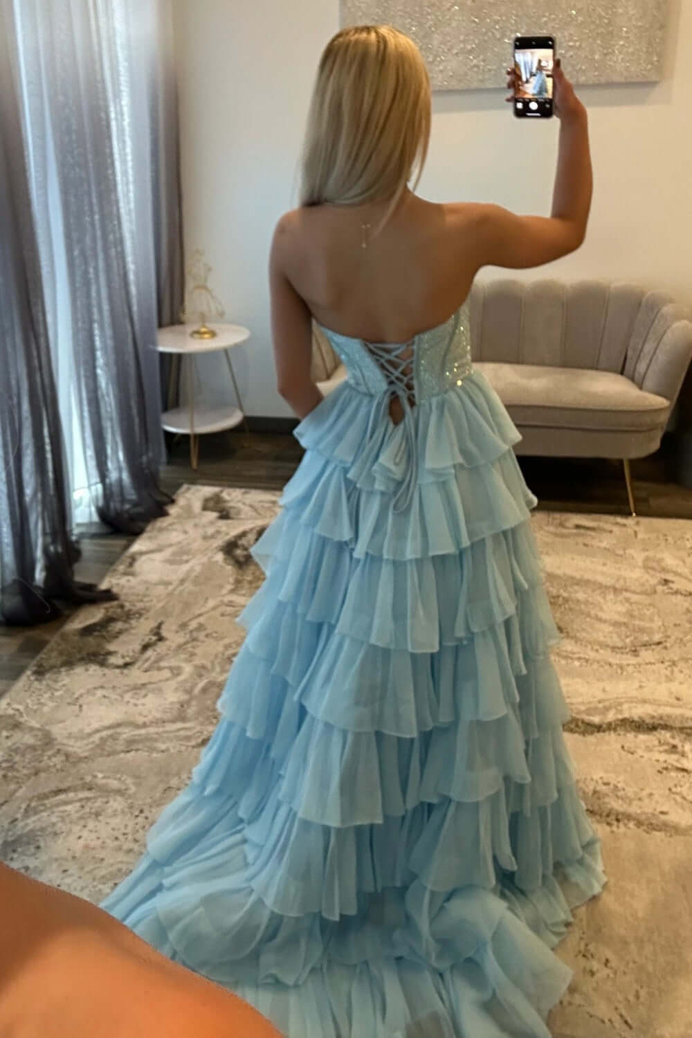 Dreamyannie A Line Tiered Prom Dress Strapless Corset Long Chiffon Formal Dress With Slit