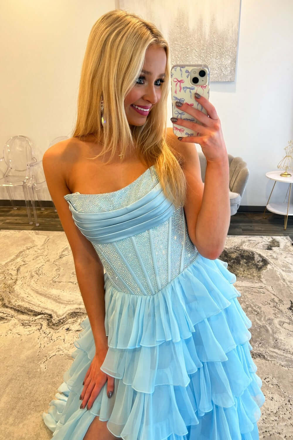 Dreamyannie A Line Tiered Prom Dress Strapless Corset Long Chiffon Formal Dress With Slit