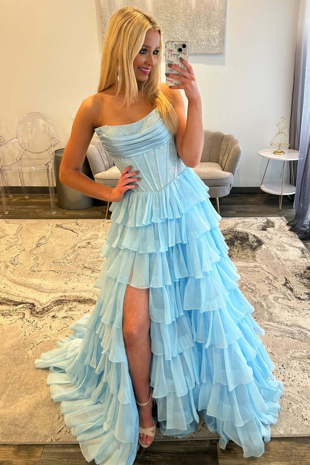 Dreamyannie A Line Tiered Prom Dress Strapless Corset Long Chiffon Formal Dress With Slit