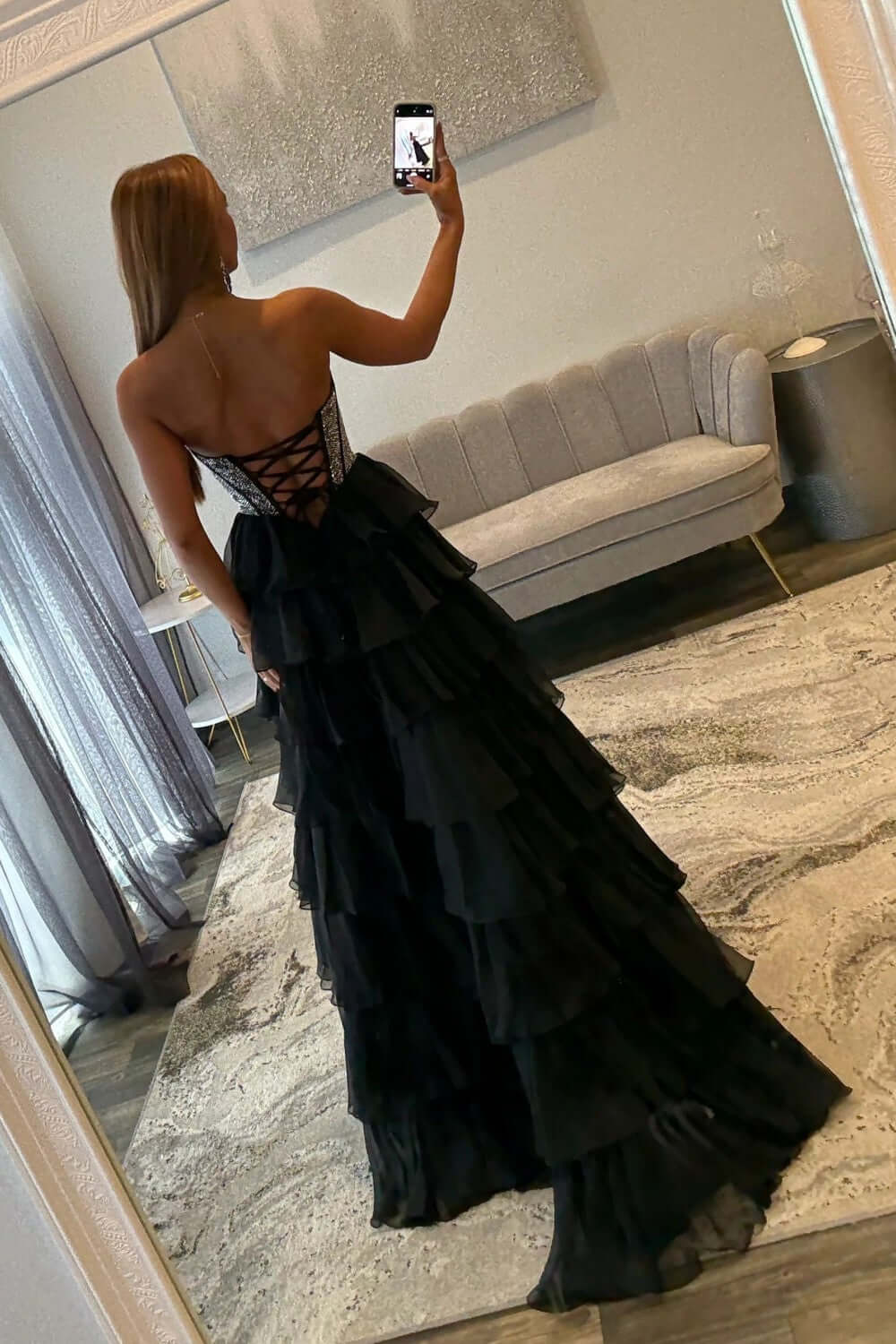 Dreamyannie A Line Tiered Prom Dress Strapless Corset Long Chiffon Formal Dress With Slit