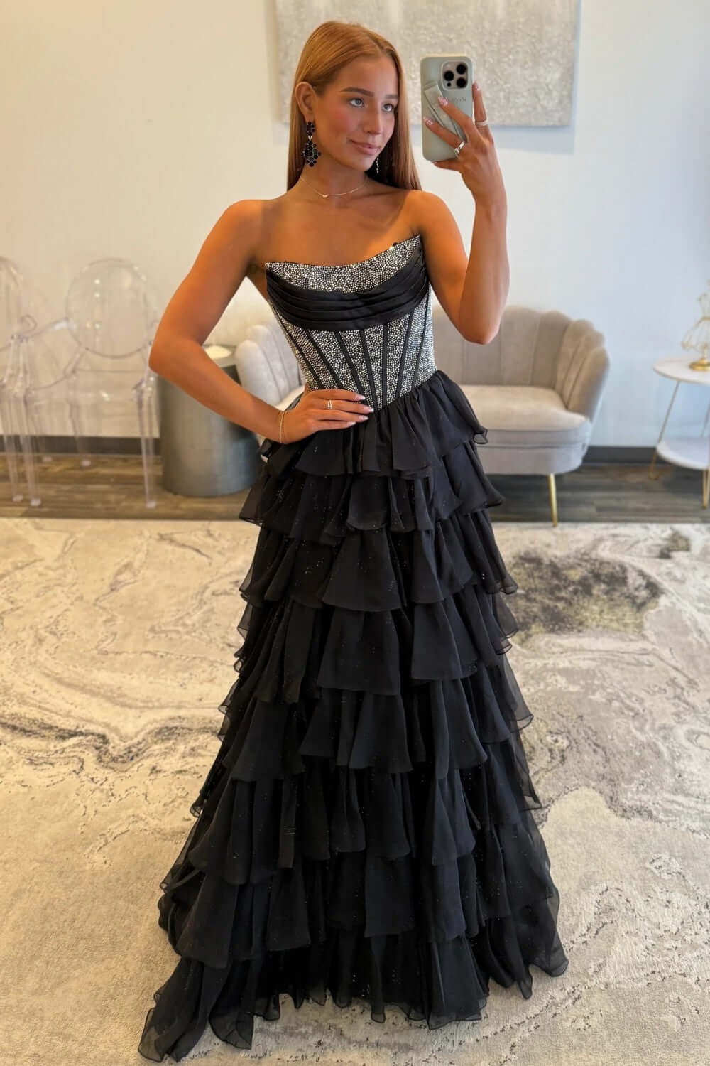 Dreamyannie A Line Tiered Prom Dress Strapless Corset Long Chiffon Formal Dress With Slit