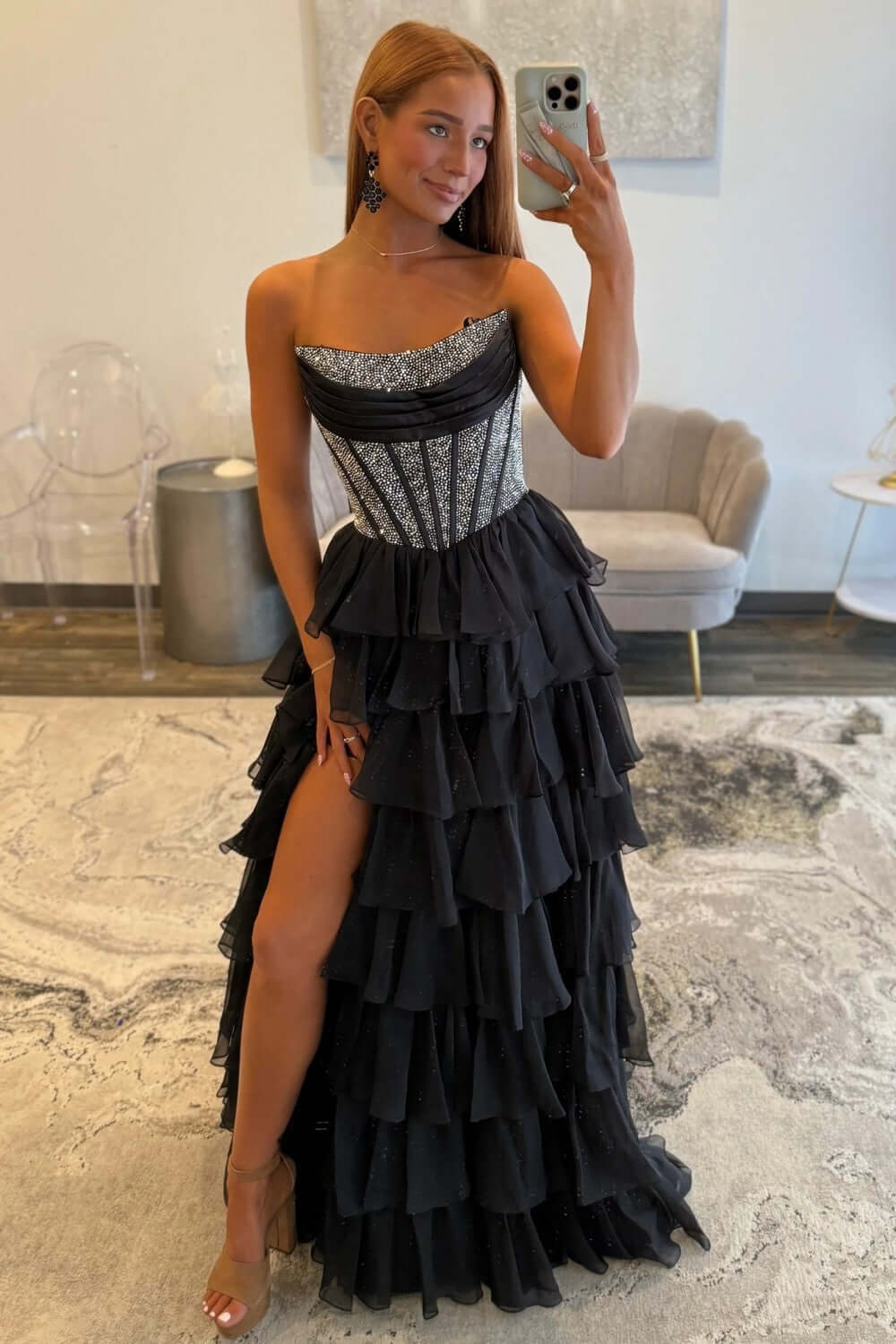 Dreamyannie A Line Tiered Prom Dress Strapless Corset Long Chiffon Formal Dress With Slit