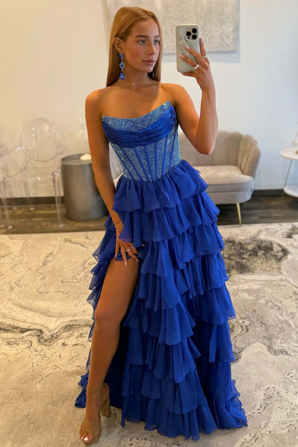 Dreamyannie A Line Tiered Prom Dress Strapless Corset Long Chiffon Formal Dress With Slit