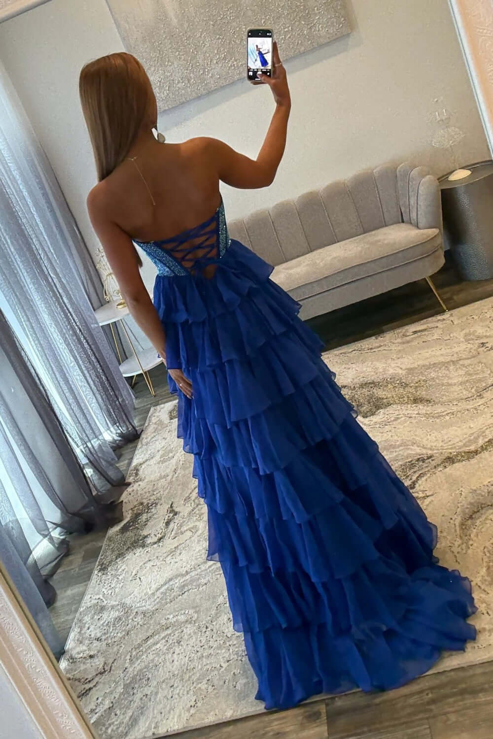 Dreamyannie A Line Tiered Prom Dress Strapless Corset Long Chiffon Formal Dress With Slit