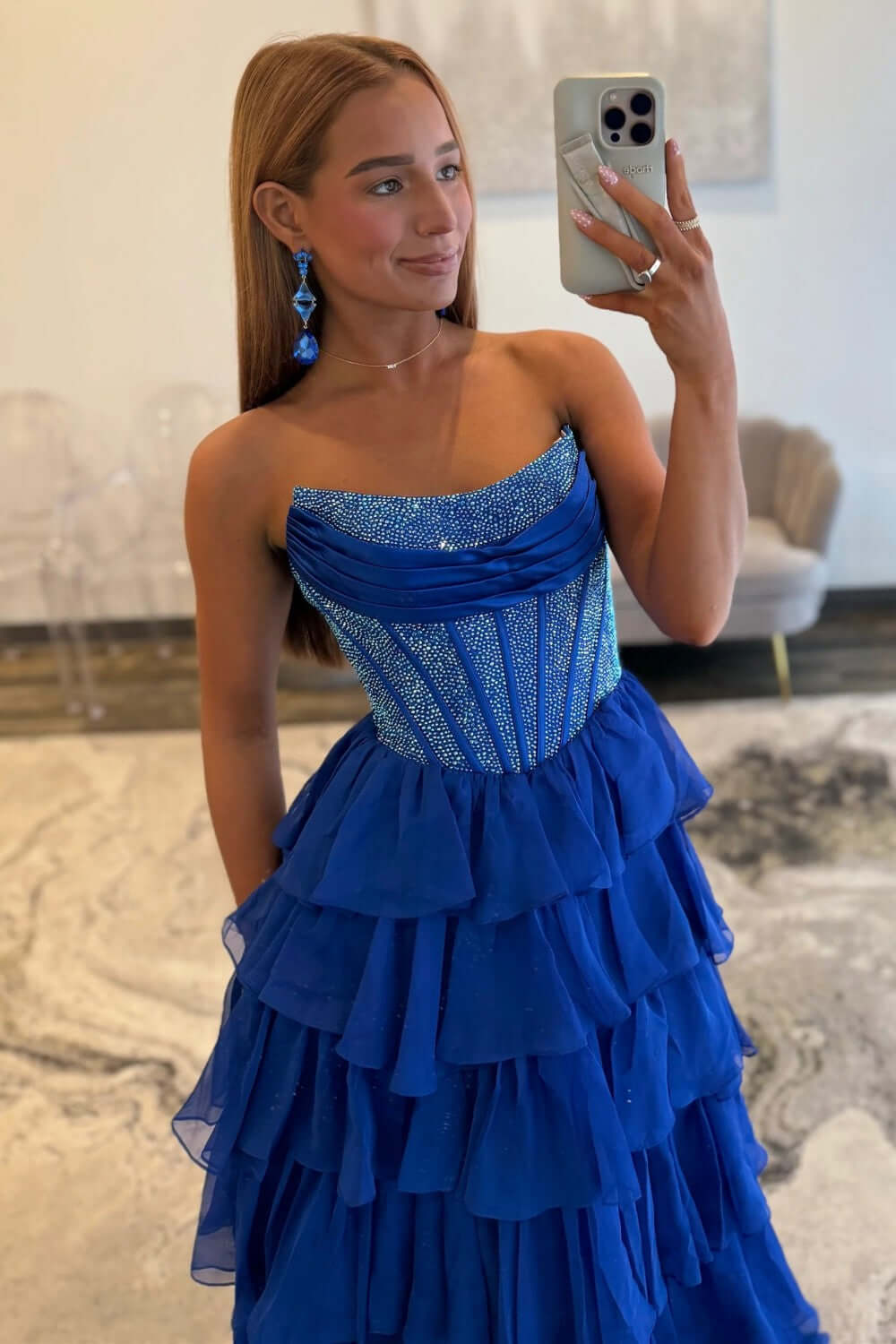 Dreamyannie A Line Tiered Prom Dress Strapless Corset Long Chiffon Formal Dress With Slit