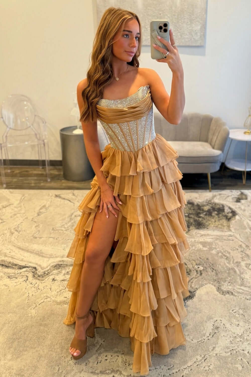 Dreamyannie A Line Tiered Prom Dress Strapless Corset Long Chiffon Formal Dress With Slit