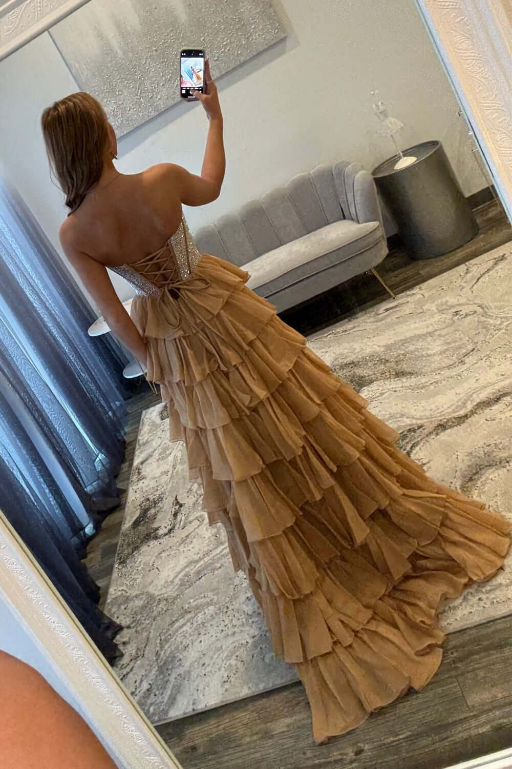 Dreamyannie A Line Tiered Prom Dress Strapless Corset Long Chiffon Formal Dress With Slit