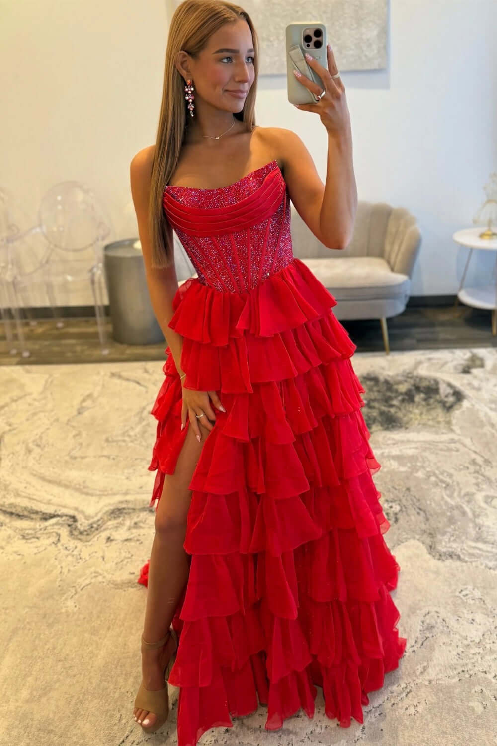 Dreamyannie A Line Tiered Prom Dress Strapless Corset Long Chiffon Formal Dress With Slit