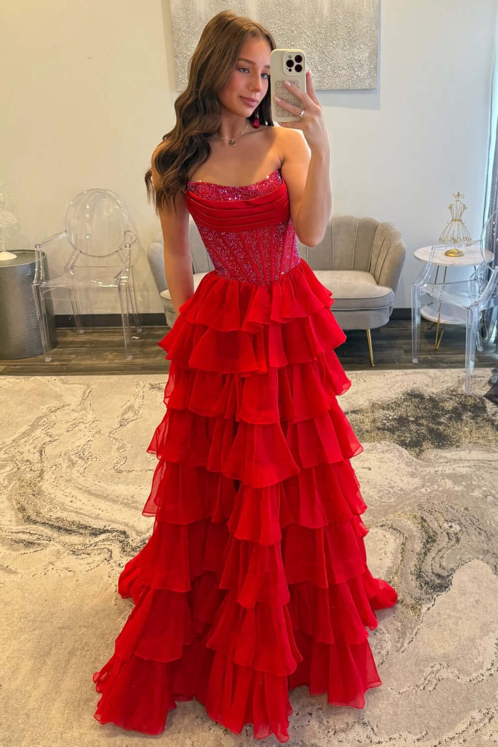 Dreamyannie A Line Tiered Prom Dress Strapless Corset Long Chiffon Formal Dress With Slit