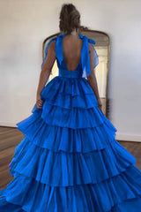 Royal Blue A Line V Neck Ruffled Long Prom Dress