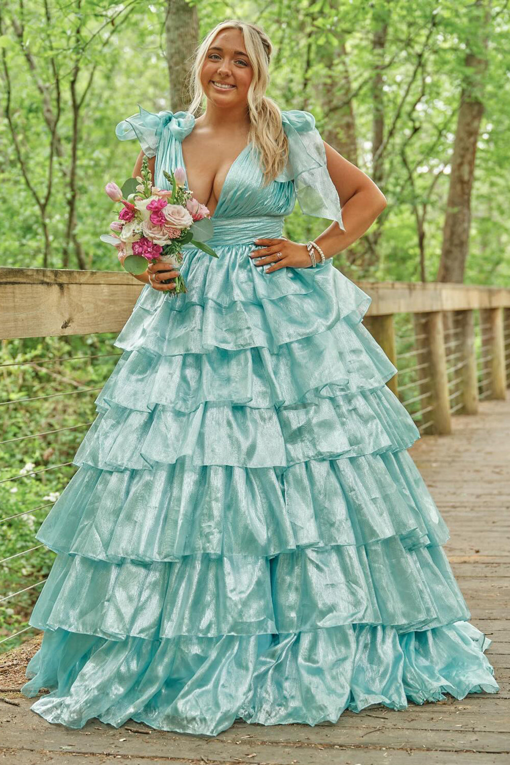 Royal Blue A Line V Neck Ruffled Long Prom Dress
