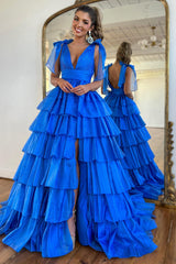 Royal Blue A Line V Neck Ruffled Long Prom Dress