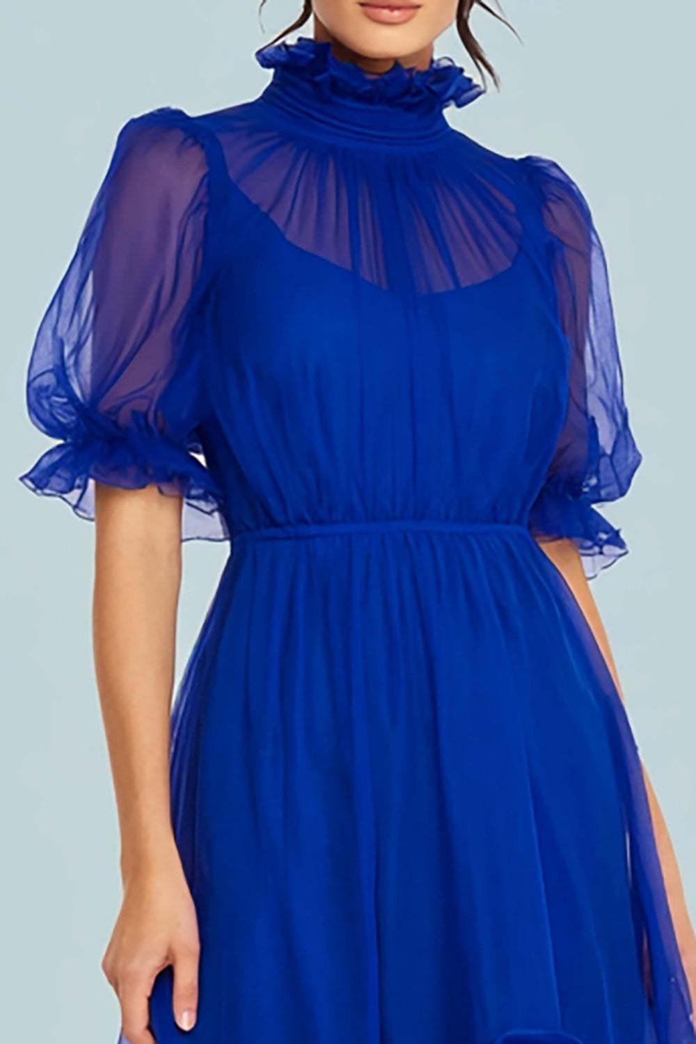 Royal Blue High Neck Tulle A Line High-Low Prom Dress With Sleeves