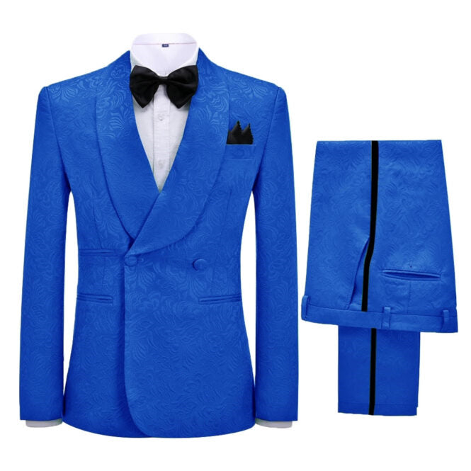 Royal Blue Jacquard Shawl Lapel Double Breasted Wedding Suit